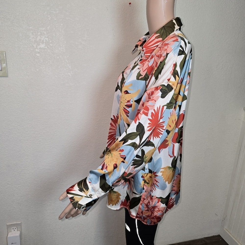 ZARA Satin Floral Printed Button-Down Shirt Long Sleeve Multicolored women’s Xl - Picture 6 of 11